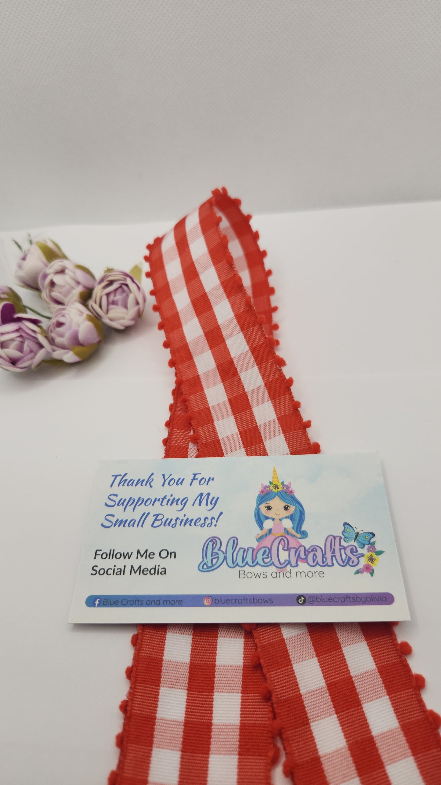 Gingham Ribbon with pom-poms Red 1.5