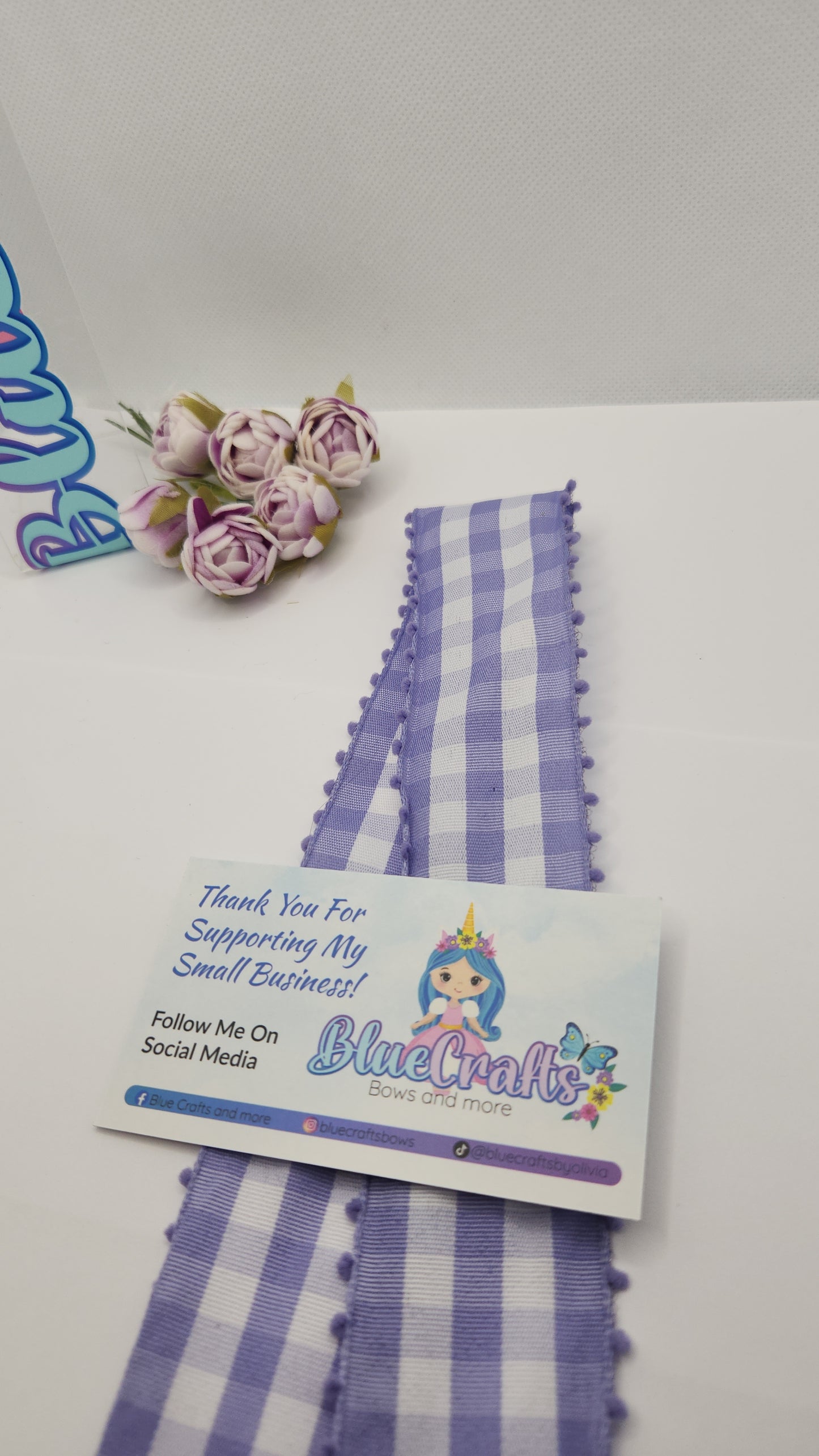 Gingham Ribbon Purple 1.5" with pom-poms