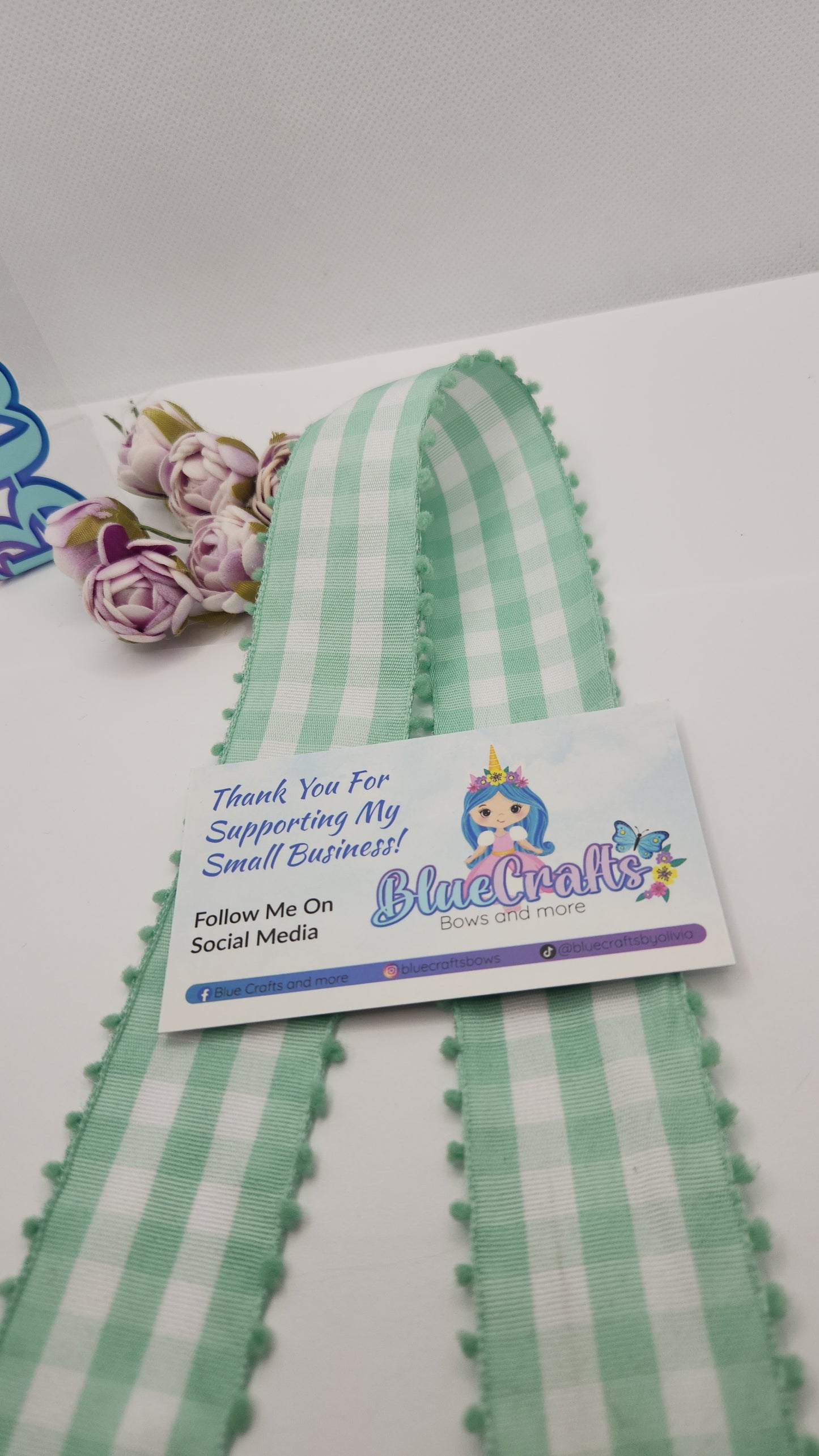 Gingham Ribbon Pastel Green 1.5" with pom-poms
