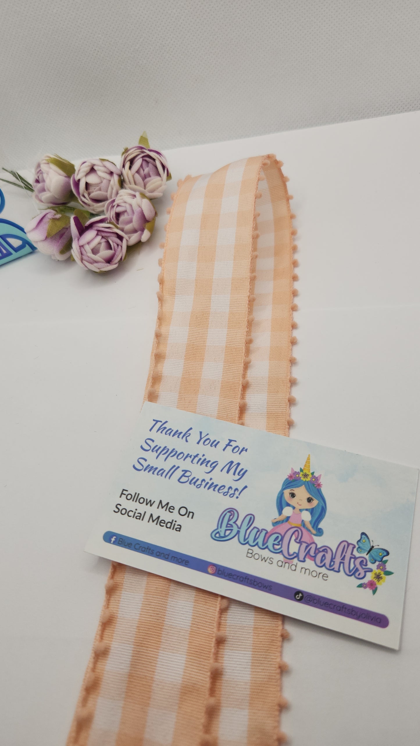 Gingham Ribbon Peach 1.5 with pom-poms