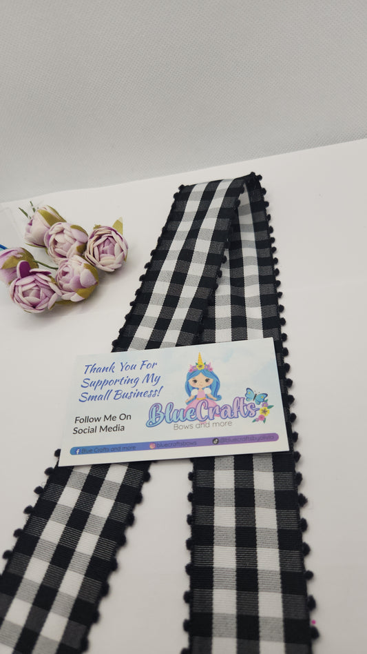 Gingham Ribbon Black 1.5 with pom-poms