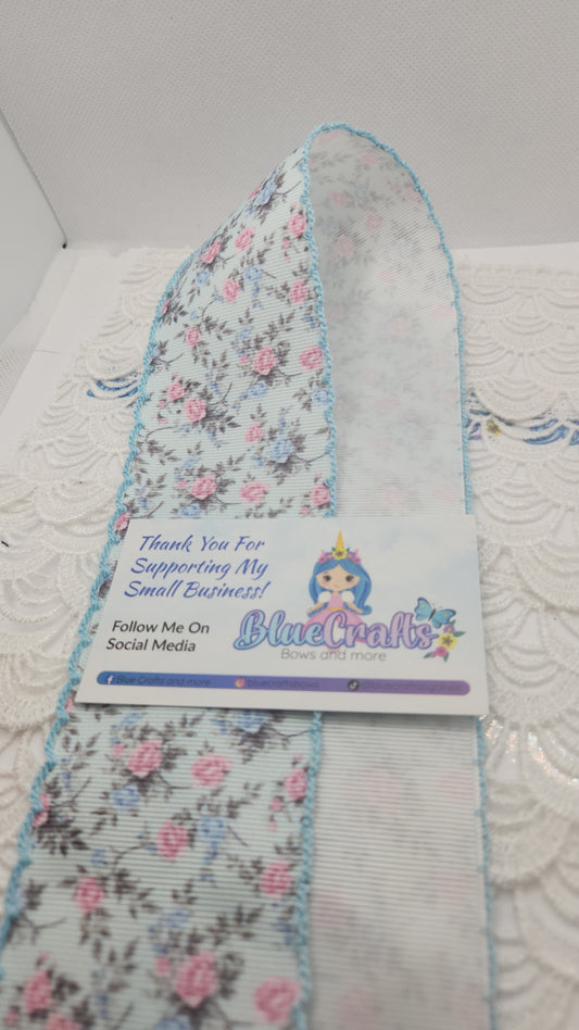 Moonstitich Print Ribbon "Pink Flowers on Blue"