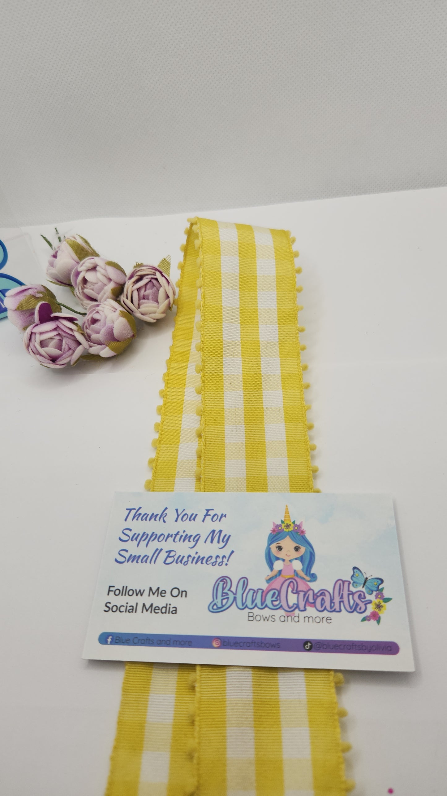 Gingham Ribbon Yellow 1.5 with pom- poms