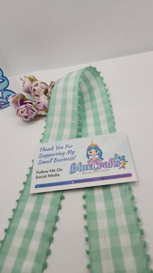 Gingham Ribbon Pastel Green 1.5" with pom-poms